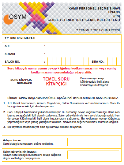 2012 Genel Yetenek-Genel Kültür Testi ve Cevap Anahtarı