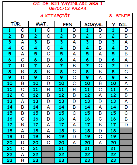 2013 Özdebir 8.Sınıf 1. Seviye Belirleme (SBS 8-D/I ) Cevap Anahtarı 2