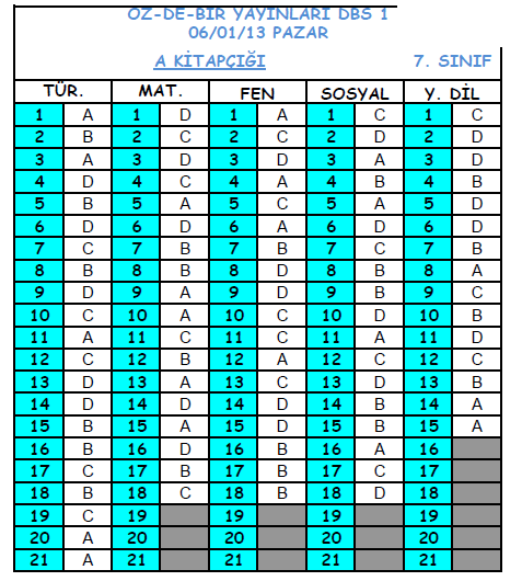 2013 Özdebir 8.Sınıf 1. Seviye Belirleme (SBS 8-D/I ) Cevap Anahtarı 4