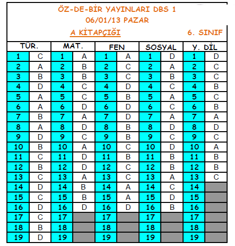 2013 Özdebir 8.Sınıf 1. Seviye Belirleme (SBS 8-D/I ) Cevap Anahtarı 6