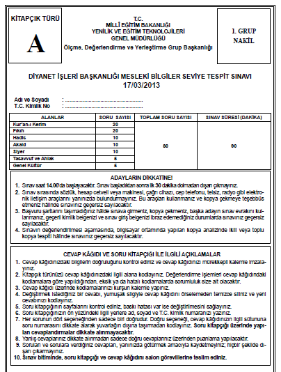 17 Mart 2013 MBSTS - Diyanet Mesleki Bilgiler Seviye Tespit Sınavı Cevap 3
