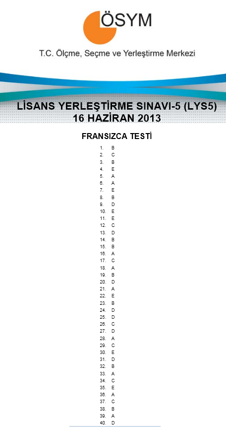 16 Haziran 2013 LYS-5 Yabancı Dil Cevap Anahtarı 5