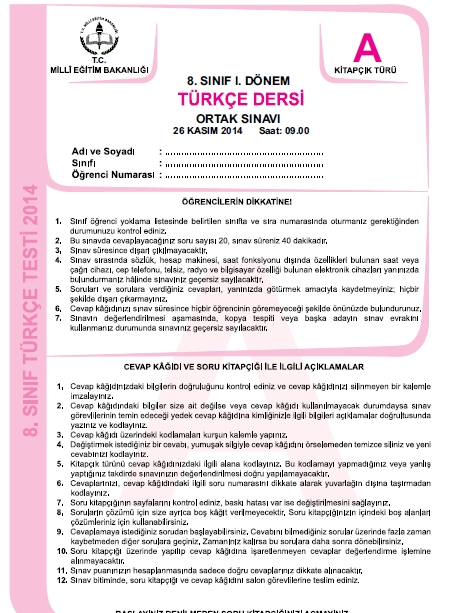 26 Kasım 2014 8. Sınıf 1. Dönem Türkçe Sınav Soruları ve Cevapları 1