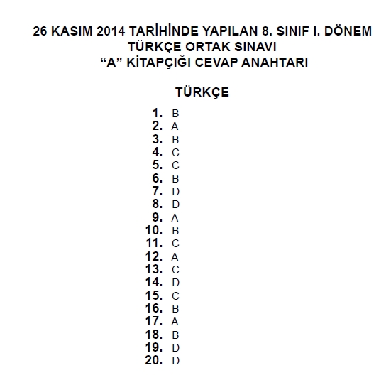 26 Kasım 2014 8. Sınıf 1. Dönem Türkçe Sınav Soruları ve Cevapları 8