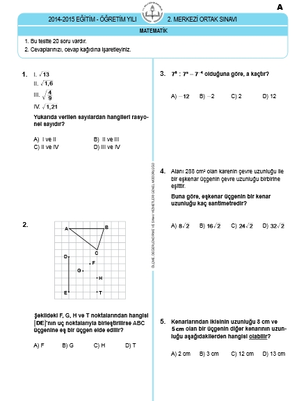 29 Nisan 2015 TEOG Matematik Soru ve Cevapları 2