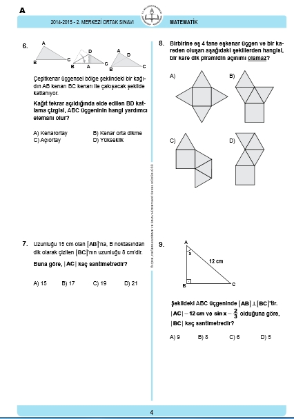 29 Nisan 2015 TEOG Matematik Soru ve Cevapları 3