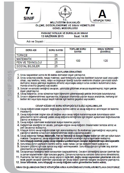 2015 7. Sınıf PYBS - Bursluluk Sınav Soruları ve Cevap Anahtarı 1