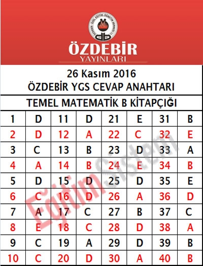 26 Kasım Özdebir YGS Deneme Sınavı Cevap Anahtarı 9