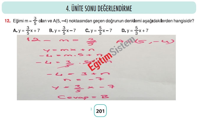 8. Sınıf Matematik 4. Ünite Sonu Değerlendirme Soru Cevapları 12