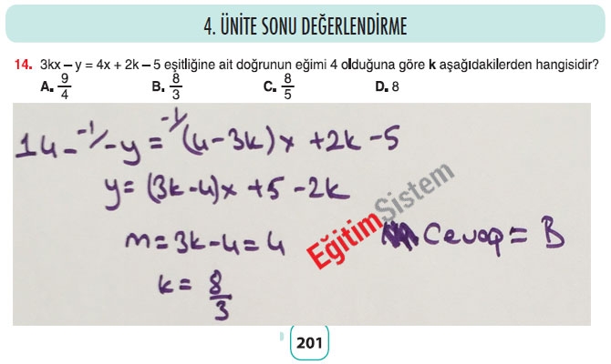 8. Sınıf Matematik 4. Ünite Sonu Değerlendirme Soru Cevapları 14