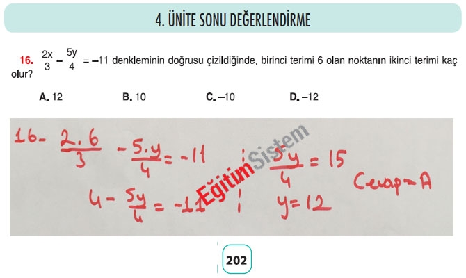 8. Sınıf Matematik 4. Ünite Sonu Değerlendirme Soru Cevapları 16