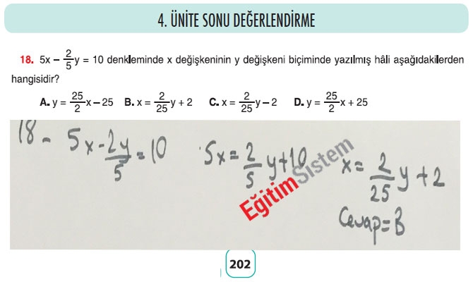 8. Sınıf Matematik 4. Ünite Sonu Değerlendirme Soru Cevapları 18