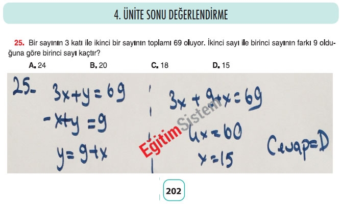 8. Sınıf Matematik 4. Ünite Sonu Değerlendirme Soru Cevapları 25