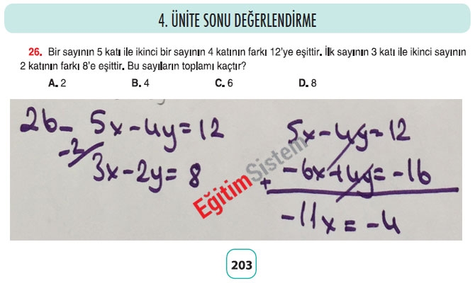 8. Sınıf Matematik 4. Ünite Sonu Değerlendirme Soru Cevapları 26