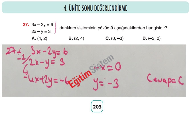 8. Sınıf Matematik 4. Ünite Sonu Değerlendirme Soru Cevapları 27
