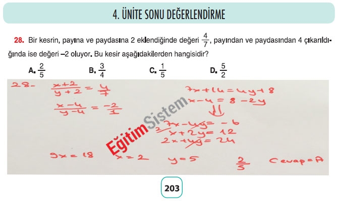 8. Sınıf Matematik 4. Ünite Sonu Değerlendirme Soru Cevapları 28