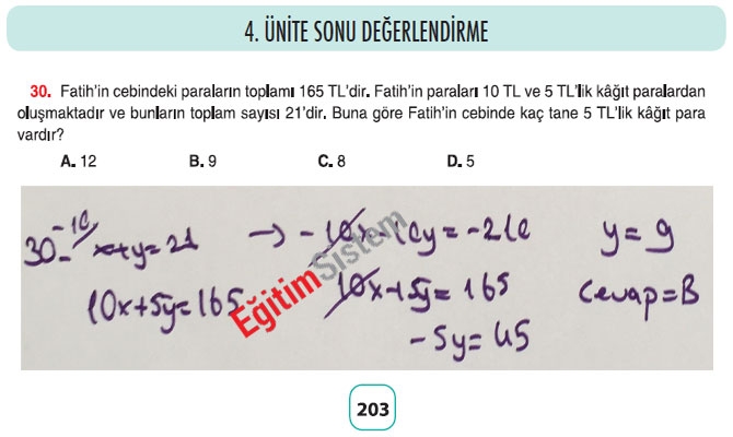 8. Sınıf Matematik 4. Ünite Sonu Değerlendirme Soru Cevapları 30