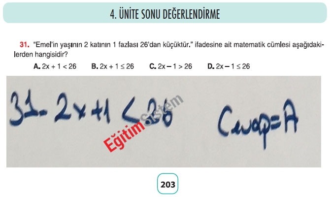 8. Sınıf Matematik 4. Ünite Sonu Değerlendirme Soru Cevapları 31