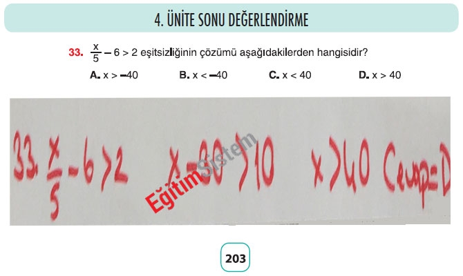 8. Sınıf Matematik 4. Ünite Sonu Değerlendirme Soru Cevapları 33