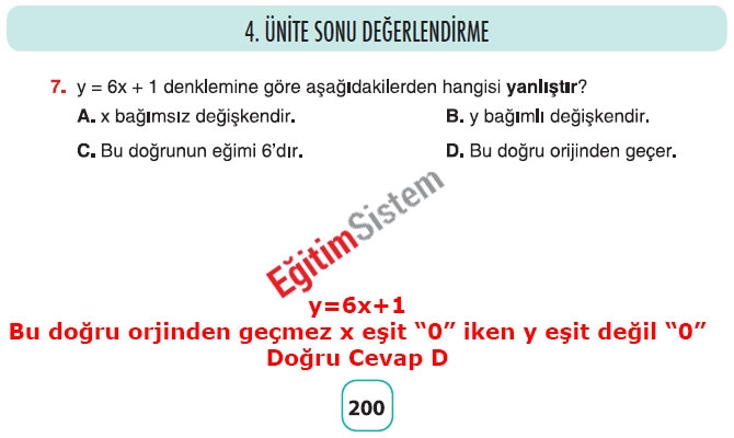 8. Sınıf Matematik 4. Ünite Sonu Değerlendirme Soru Cevapları 7