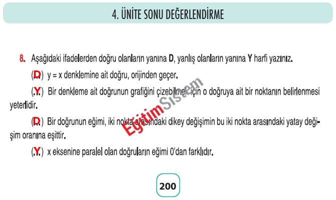 8. Sınıf Matematik 4. Ünite Sonu Değerlendirme Soru Cevapları 8