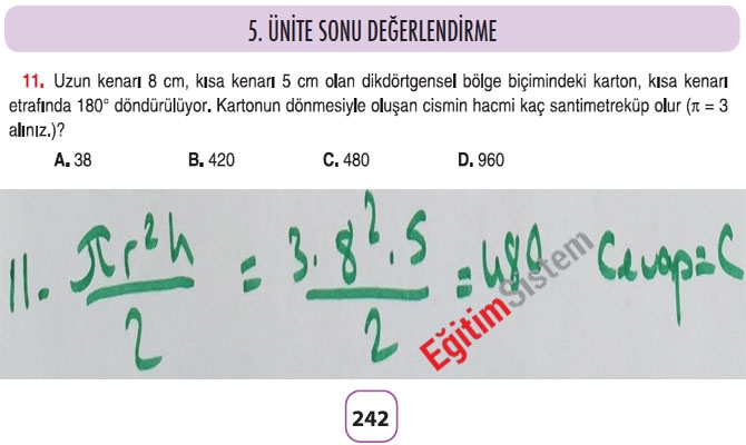 8. Sınıf Matematik 5. Ünite Sonu Değerlendirme Soru Cevapları 11