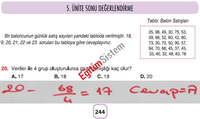 8. Sınıf Matematik 5. Ünite Sonu Değerlendirme Soru Cevapları 20