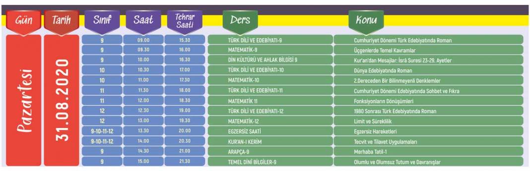 31 Ağustos - 18 Eylül Lise Hazırlık Dönemi Eba TV Ders Programı 2